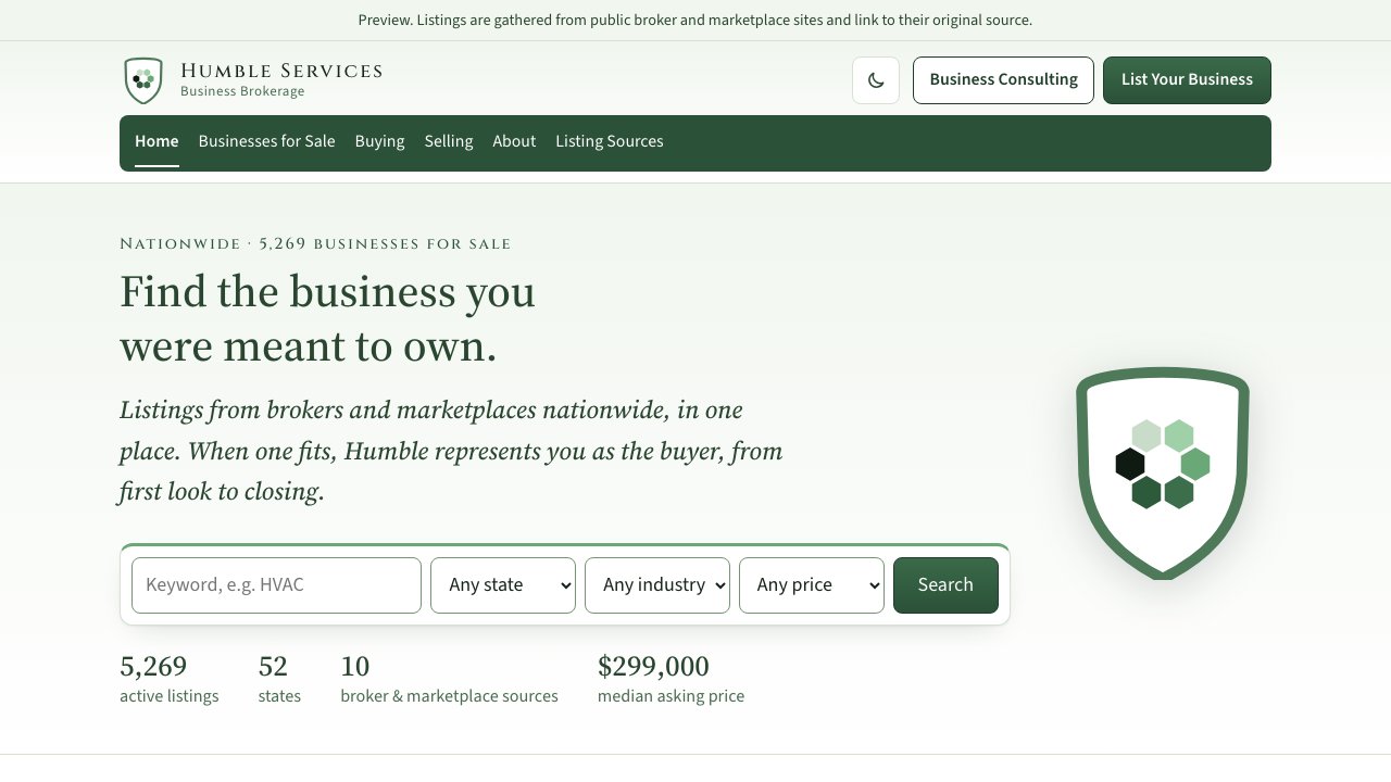 The Humble Business Brokerage home page: a search bar over a nationwide list of businesses for sale